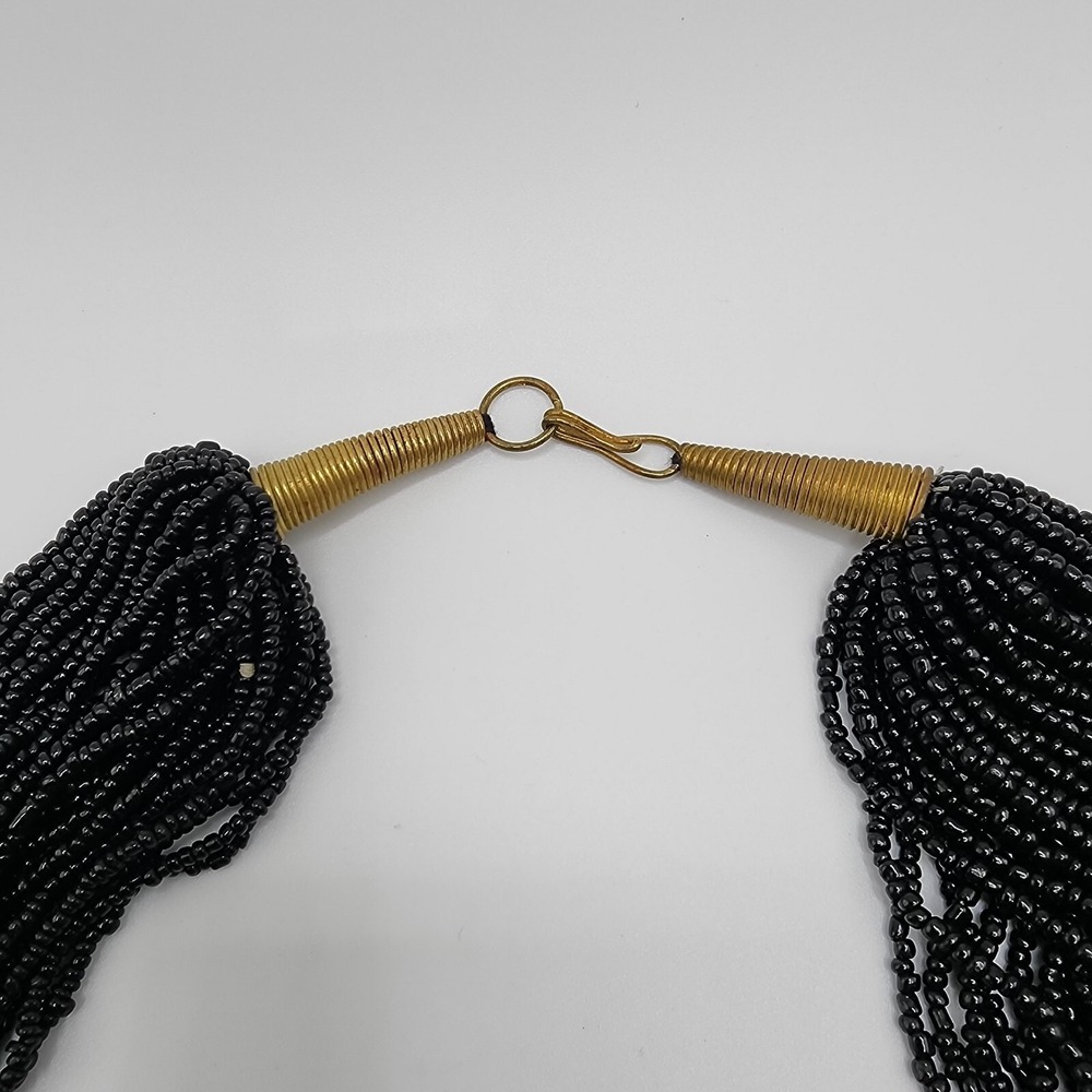 Vintage Boho Tribal Ethnic Black Glass Seed Bead Waterfall Layered Bib Necklace - Picture 7 of 16